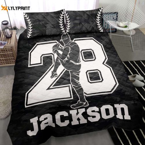 Custom Baseball Quilt Set: Personalized Bedding for Sports Fans Black Pitcher Design with Custom Name & Number – Perfect Sports Gift