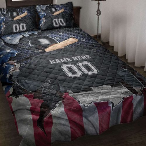 Custom Baseball Quilt Set: Personalized Sports Bedding with US Flag Boy s Name & Number – Perfect Sports Gift
