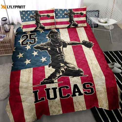 Custom Baseball Quilt Set: Personalized Catcher US Flag Blanket with Pillowcases – Sports Gifts