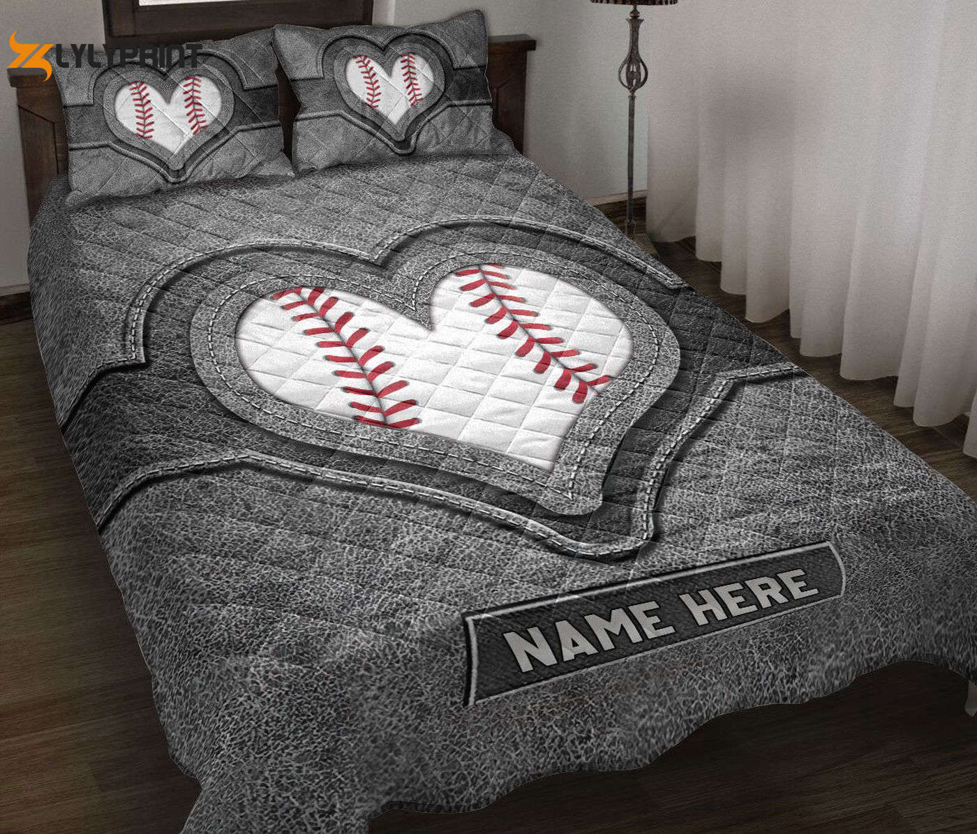 Customizable Baseball Quilt Set: Heart Gray Blanket & Pillowcases – Personalized Name Bedding for Sports Gifts Customizable Baseball Quilt Set: Heart Gray Blanket & Pillowcases – Personalized Name Bedding for Sports Gifts