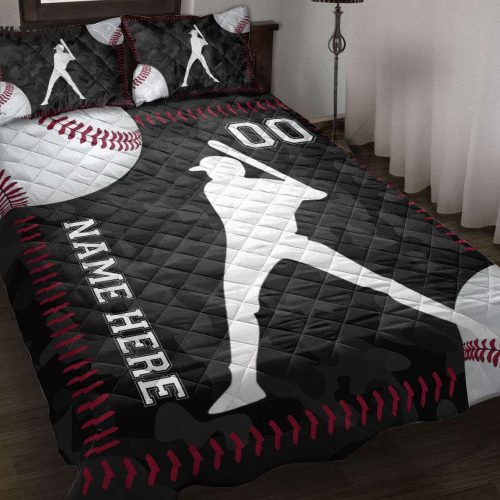 Custom Personalized Baseball Quilt Set – Player Black Ball Blanket with Pillowcases Custom Name & Number Bedding Set Perfect Sports Gift!