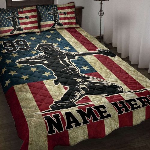 Custom Baseball Quilt Set: Personalized Catcher US Flag Blanket + Pillowcases – Sports Gifts