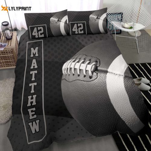 Customizable Football Duvet Set: Personalized America Football Ball Design with 3D Print Black Player Custom Name & Number Bedding