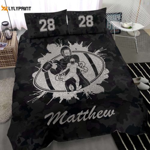 Customized Football Duvet Cover Set – Personalized Name & Number Bedding Black Camo Design – Perfect Gift for American Football Fans!