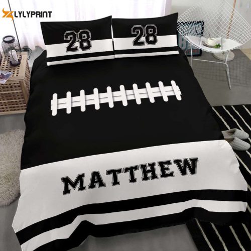 Custom Name Number Football Duvet Set – Personalized America Black White Player Gift Bedding