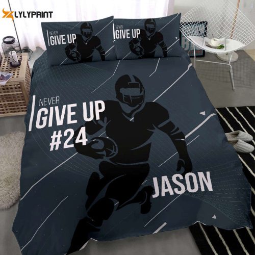 Customizable Football Duvet Cover Set – Never Give Up Player Gift Personalized Name & Number Bedding