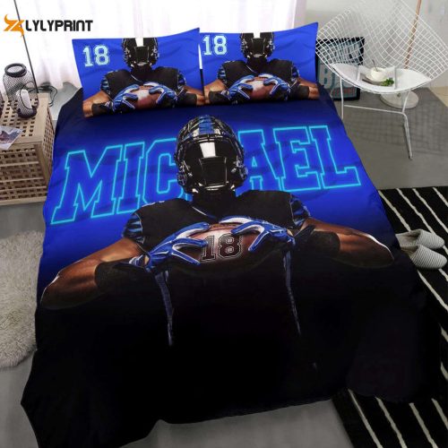 Custom Name & Number Football Duvet Set Personalized America Player Gift Blue Black 3D Bedding Set