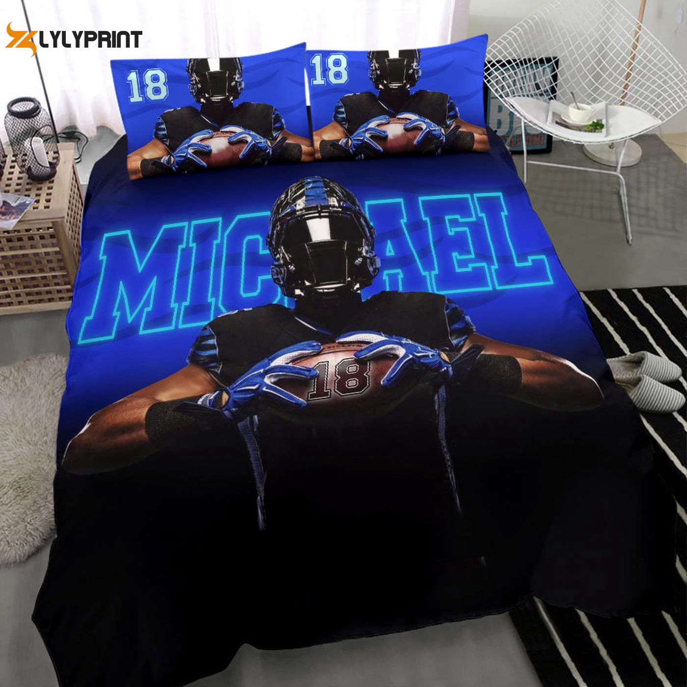 Custom Name & Number Football Duvet Set Personalized America Player Gift Blue Black 3D Bedding Set Custom Name & Number Football Duvet Set Personalized America Player Gift Blue Black 3D Bedding Set