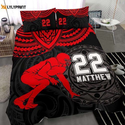 Customized Football Duvet Cover Set – Red Maori Pattern Player Design with Personalized Name & Number Bedding