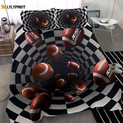 Custom Name Football Duvet Cover Set – Personalized Bedding with 3D Hole Player & Checkered Design
