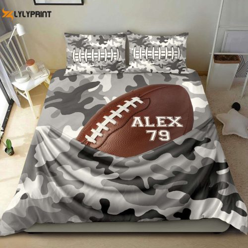 Custom Personalized Football Duvet Set – Grey Camo Player Design with Name & Number Bedding & Ball Bag