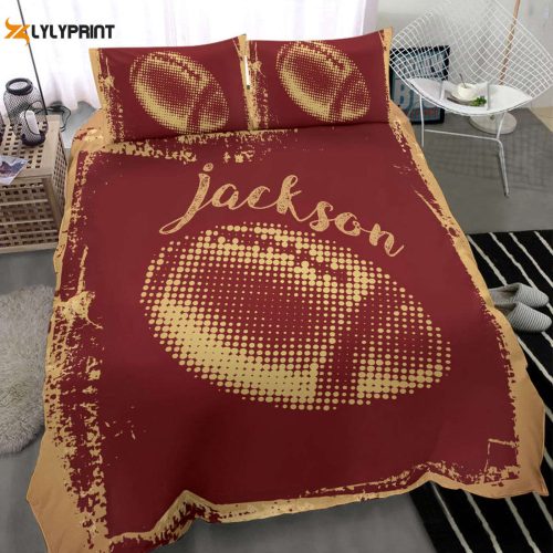 Custom Name Football Duvet Cover Set – Vintage Player Design in Brown Red for Personalized Bedding