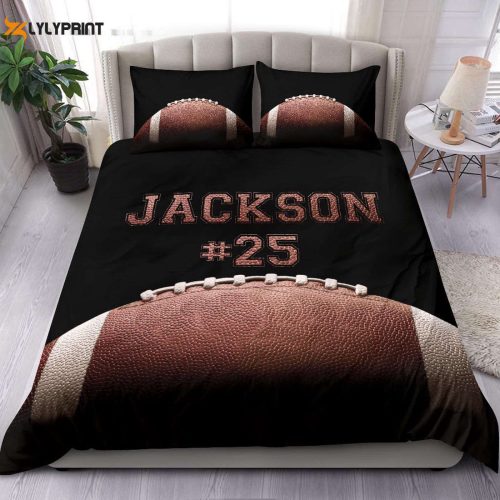 Custom Football Duvet Cover Set: Personalized Gift for Enthusiastic Players Black Bedding with Custom Name & Number