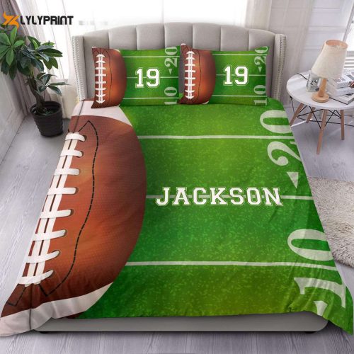 Customizable Football Duvet Cover Set – Personalized Name & Number Bedding in Green Field Design