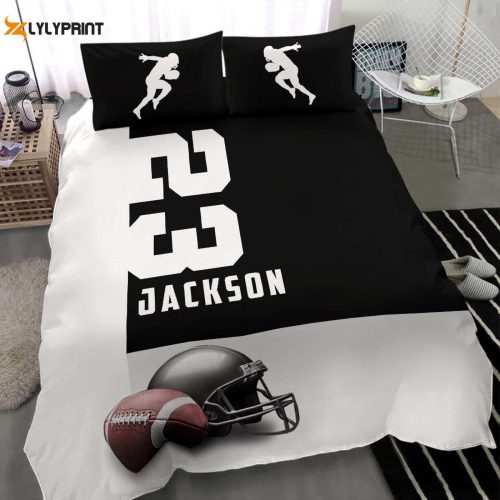 Customizable Football Duvet Cover Set – Personalized Bedding with Football Ball Helmet Design Black and White Player Gift – Custom Name and Number Option