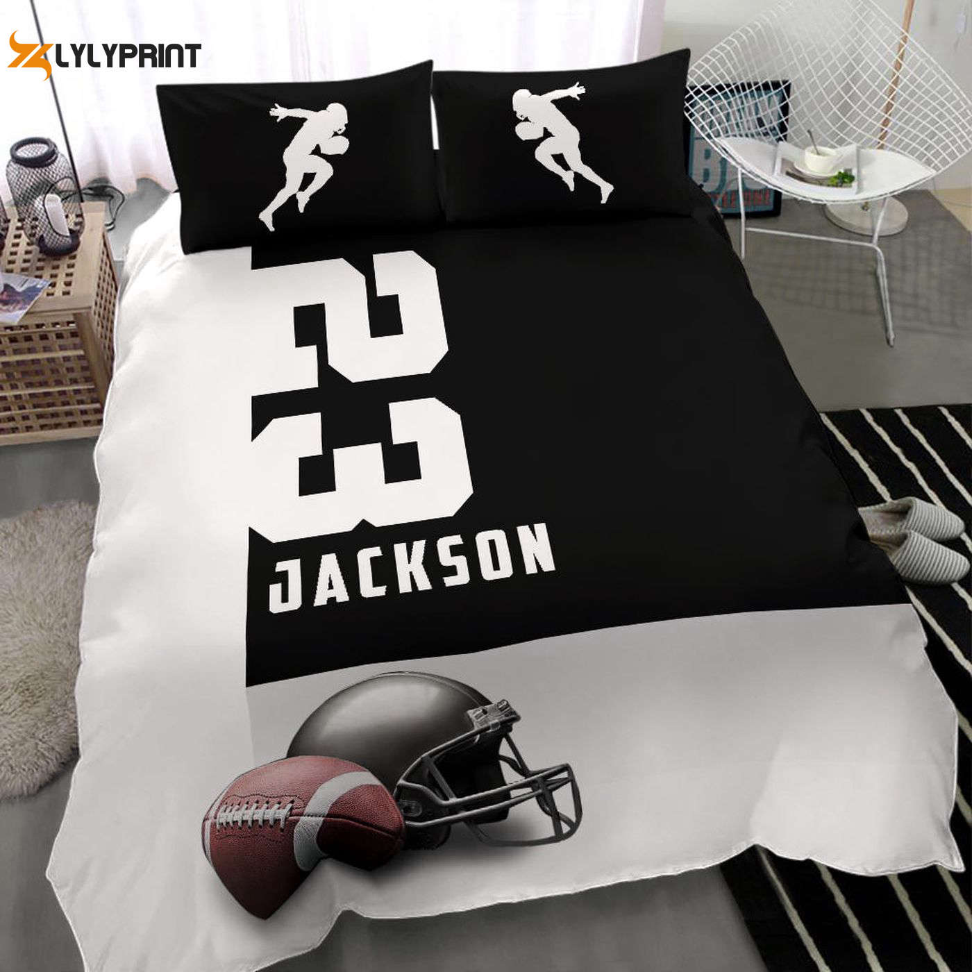 Custom Football Duvet Cover Set – Personalized Bedding with Football Ball Helmet Black & White Player Design Custom Football Duvet Cover Set – Personalized Bedding with Football Ball Helmet Black & White Player Design