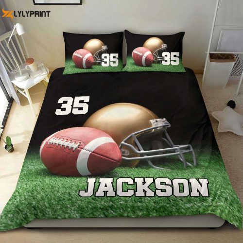 Custom Name Football Duvet Set - Personalized Bedding with Helmet Grass Player Gift