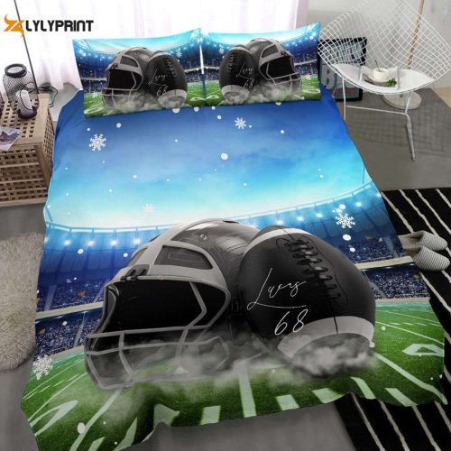 Custom Football Duvet Cover Set – Personalized Bedding with Football Ball Helmet Snow Player Name & Number