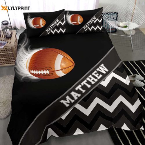 Custom Name Football Duvet Cover Set – Personalized Bedding Gift with Smoke Zig Zag Design