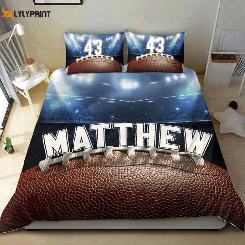 Custom Football Duvet Set - Personalized Stadium Player Blue Bedding with Name & Number