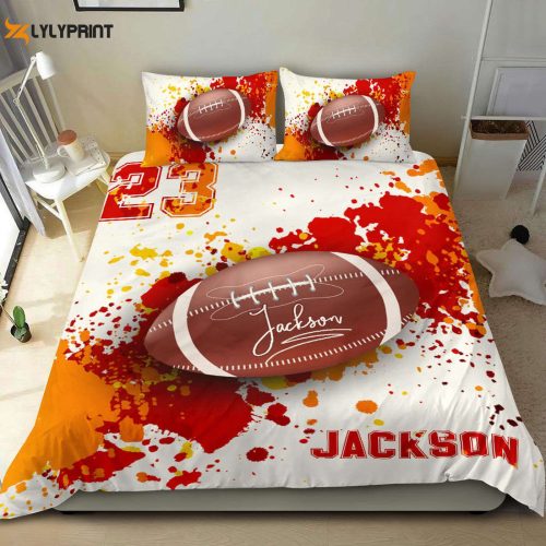 Customizable Football Duvet Cover Set: Personalized Name Number Bedding with Football Ball Watercolor Player Design