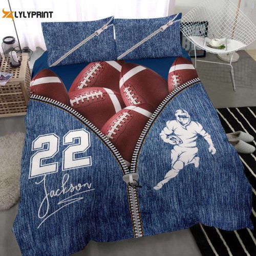 Custom Football Duvet Set – Personalized Bedding with Name & Number Blue Player Design