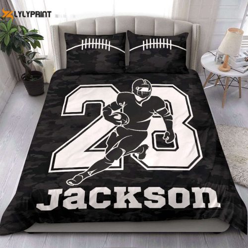Custom Football Duvet Cover Set – Personalized Bedding with Unique Name & Number – Football Black Camo Player Design