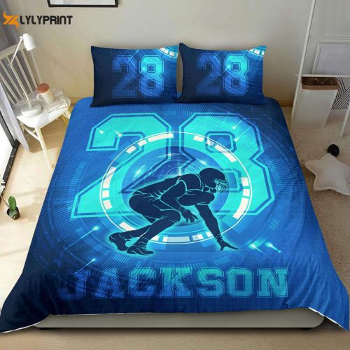 Custom Football Duvet Cover Set – Personalized Bedding for Football Boys with Name & Number – Blue Digital Player Design