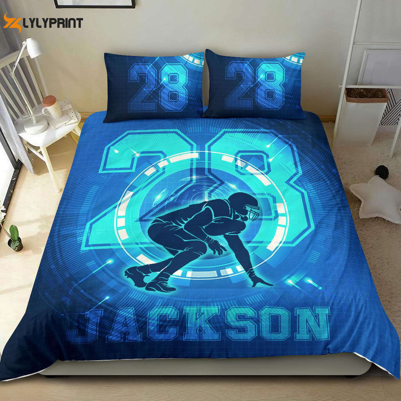 Custom Football Duvet Cover Set – Personalized Bedding for Football Boys with Name & Number – Blue Digital Player Design Custom Football Duvet Cover Set – Personalized Bedding for Football Boys with Name & Number – Blue Digital Player Design