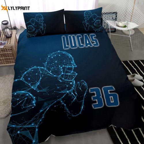 Custom Football Duvet Set: Personalized Blue Bedding with Digital Player Design for Football Boys – Name & Number Included