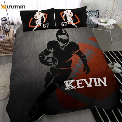 Custom Football Duvet Cover Set – Personalized Bedding with Boy Player Grey & Black Design Name & Number
