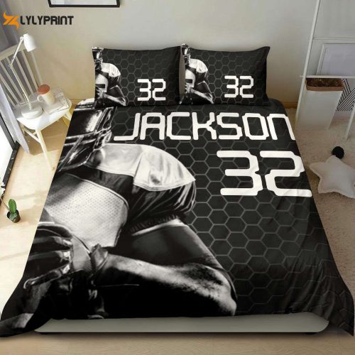 Customizable Football Duvet Cover Set – Personalized Bedding for Football Boys with Hexagon Player Design Black Theme and Custom Name Number Option