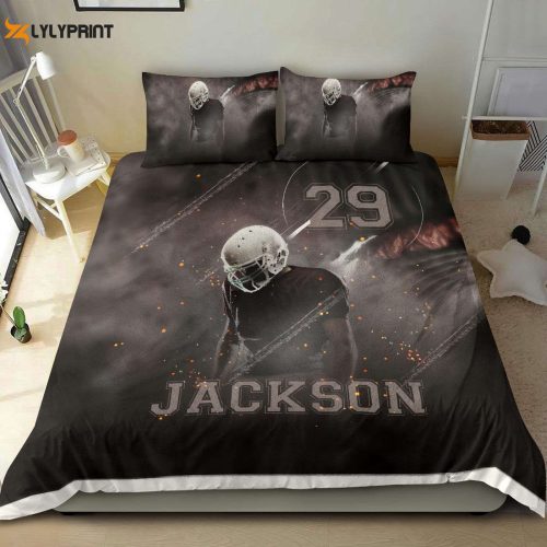 Customized Football Duvet Set: Personalized Bedding with Smoke Player Design Brown Color Custom Name & Number