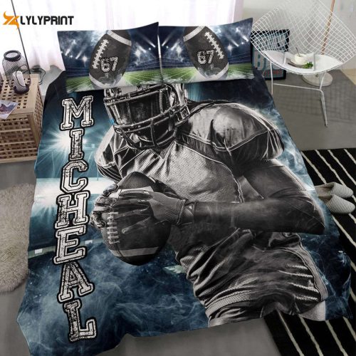 Custom Football Duvet Set – Personalized Bedding for Boys with Strong Player Design Blue Theme and Custom Name Number