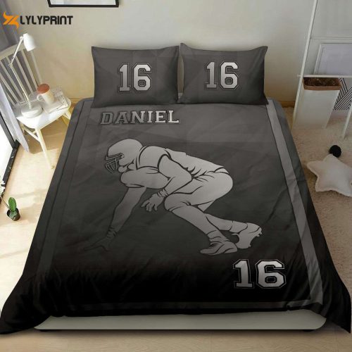 Custom Football Duvet Cover Set: Personalized Frame Player Grey Black Bedding with Custom Name & Number