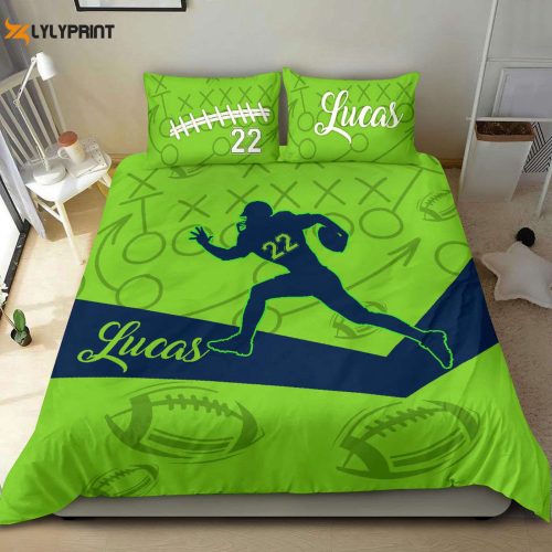 Custom Personalized Football Duvet Set - Green Player Bedding with Custom Name & Number