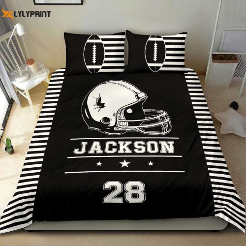 Customizable Football Duvet Cover Set: Personalized Name & Number Bedding with Helmet Design
