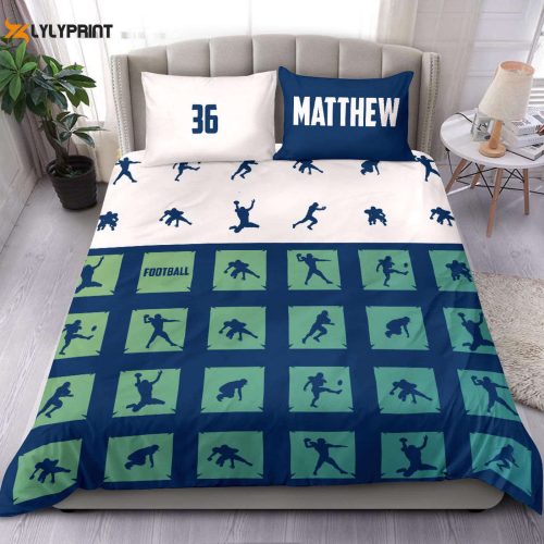 Custom Football Duvet Cover Set – Personalized Bedding with Player Design Turquoise Theme and Custom Name Number Option