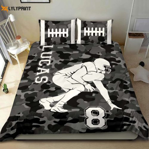 Custom Football Lineman Duvet Set – Personalized Black Camo Bedding with Name & Number