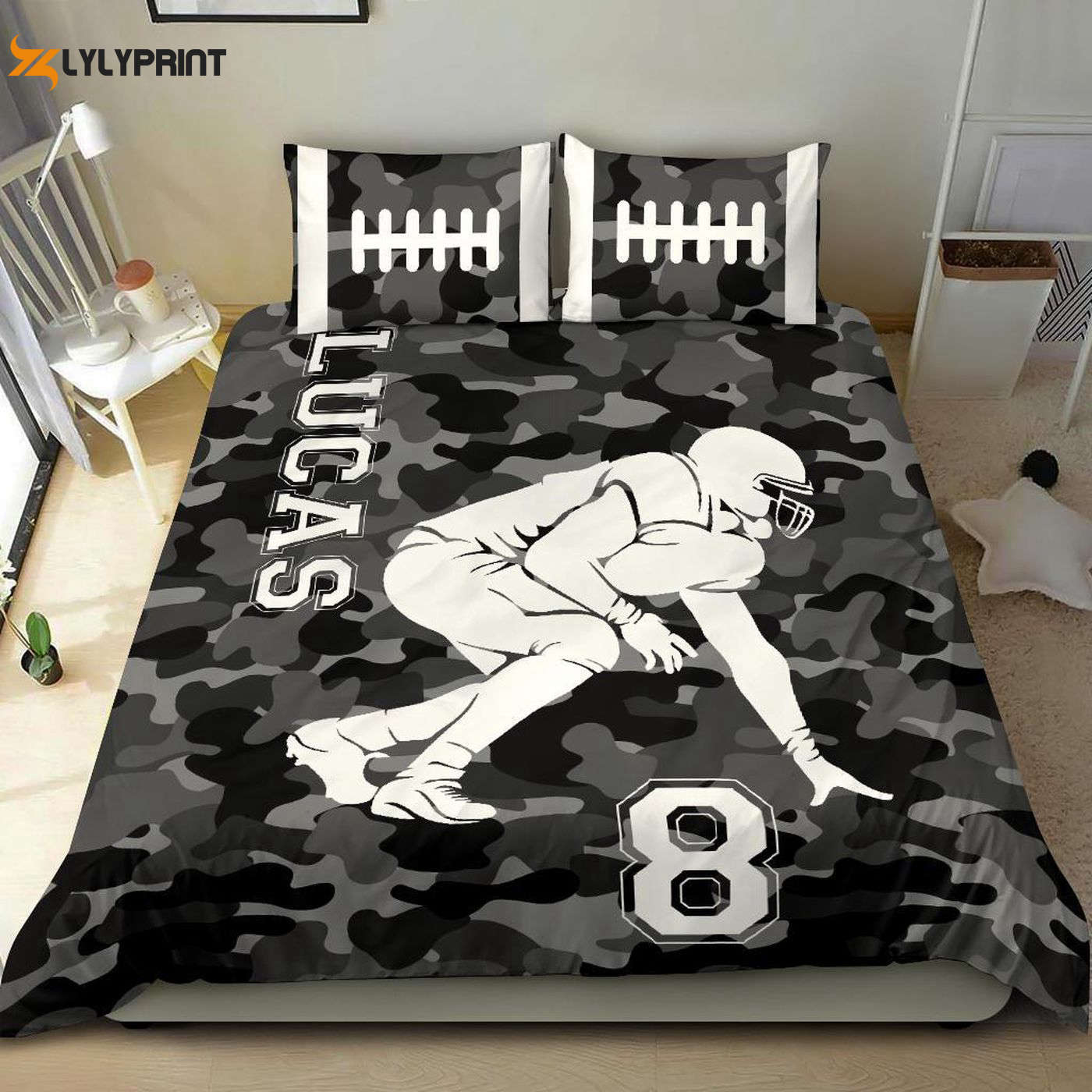 Custom Football Lineman Duvet Set – Personalized Black Camo Bedding with Name & Number Custom Football Lineman Duvet Set – Personalized Black Camo Bedding with Name & Number