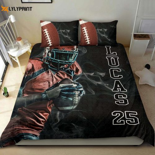 Custom Football Duvet Cover Set: Personalized Bedding for Man Boy Smoke Player – Custom Name & Number Option