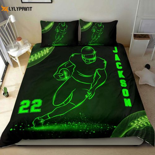 Score Big with Personalized Football Duvet Bedding Set – Neon Green Football Player Design