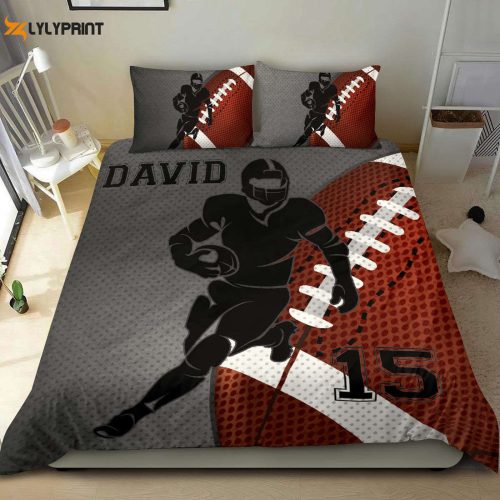 Customizable Football Duvet Cover Set – Vintage Grey Player Design Personalized Name & Number Bedding