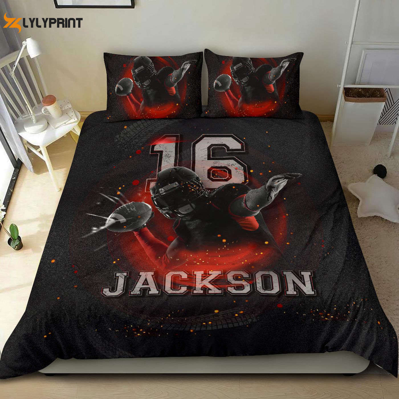 Customizable Football Duvet Cover Set: Personalized Red Black Bedding with Player Name & Number Customizable Football Duvet Cover Set: Personalized Red Black Bedding with Player Name & Number