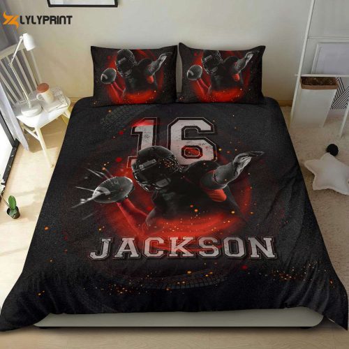 Custom Football Duvet Cover Set: Personalized Name & Number Bedding in Red & Black