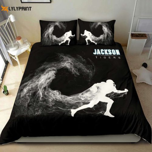 Custom Name Football Duvet Cover Set – Personalized Black Bedding with Running Player & Smoke Design
