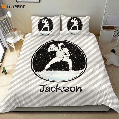 Customizable Football Duvet Set – Personalized Gift with Snow Stripe Pattern & Player Name – White Bedding