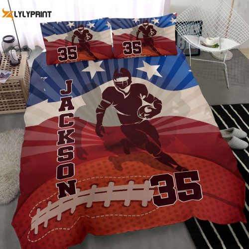 Custom Football Duvet Cover Set: Vintage Retro Player Design with Personalized Name & Number Red Bedding for True Fans!