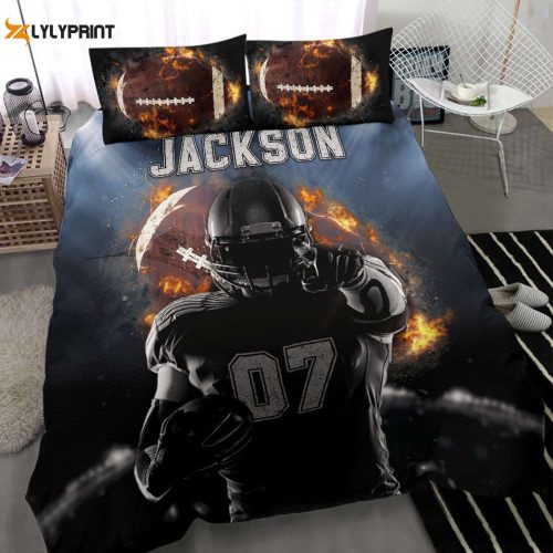 Custom Football Duvet Set with Personalized Name & Number – Boy Fire Player Design Black Bedding Set
