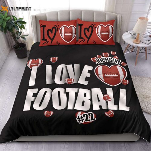 Custom I Love Football Duvet Set: Personalized Bedding with Player Name & Number